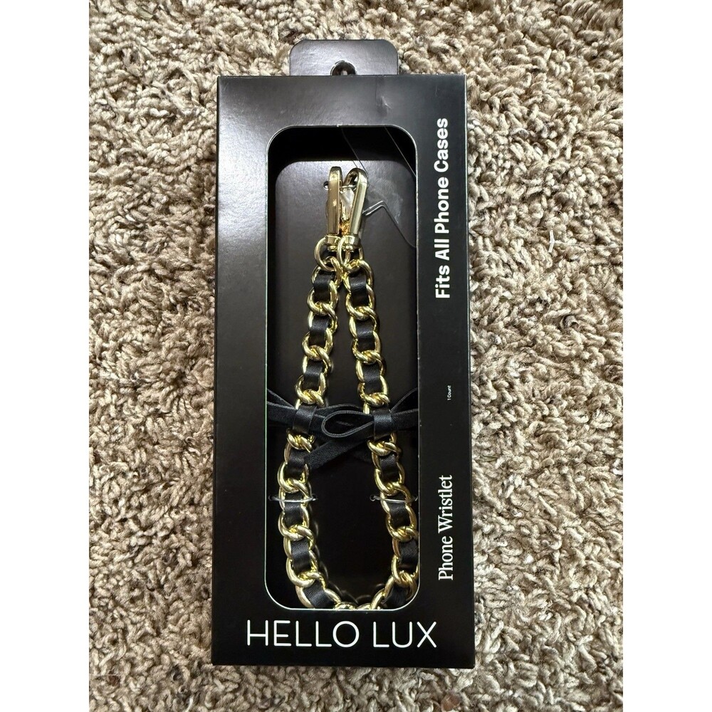 HELLO LUX Phone Wristlet: Gold Chain Faux Leather Bows NEW Fits Most Phone Cases